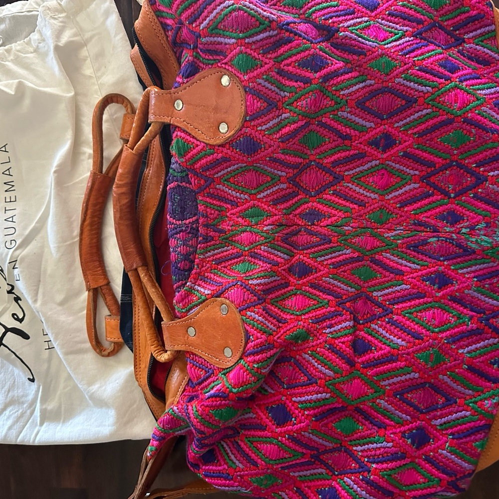 Nena & co first gen Handwoven Pink & Green Ethnic Tote Bag with Leather Trim